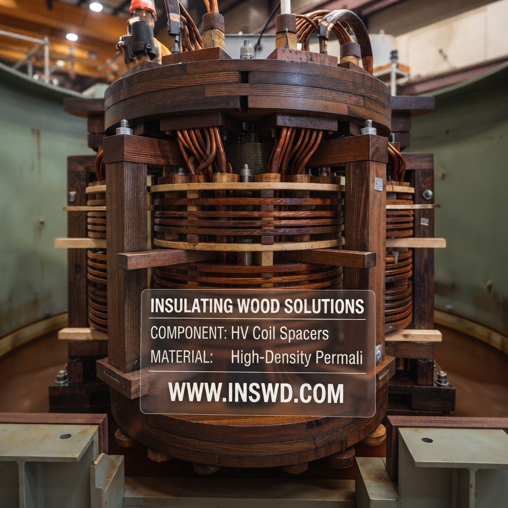 Industrial transformer assembly with copper windings, dark insulating wood spacers, and an INSWD.com materials label.